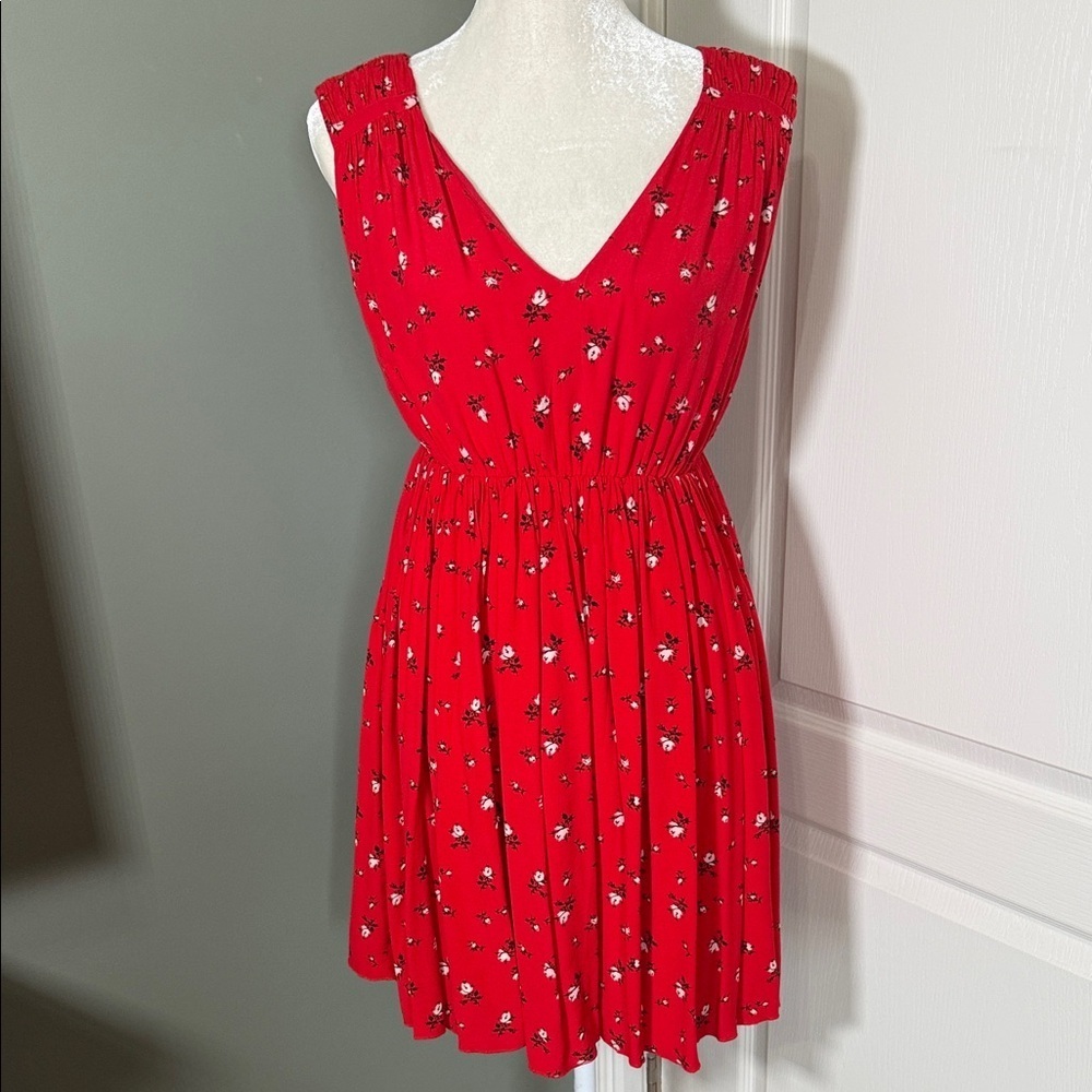 Madewell Red Floral V-Neck Mini Dress Size S Silk Look Sleeveless